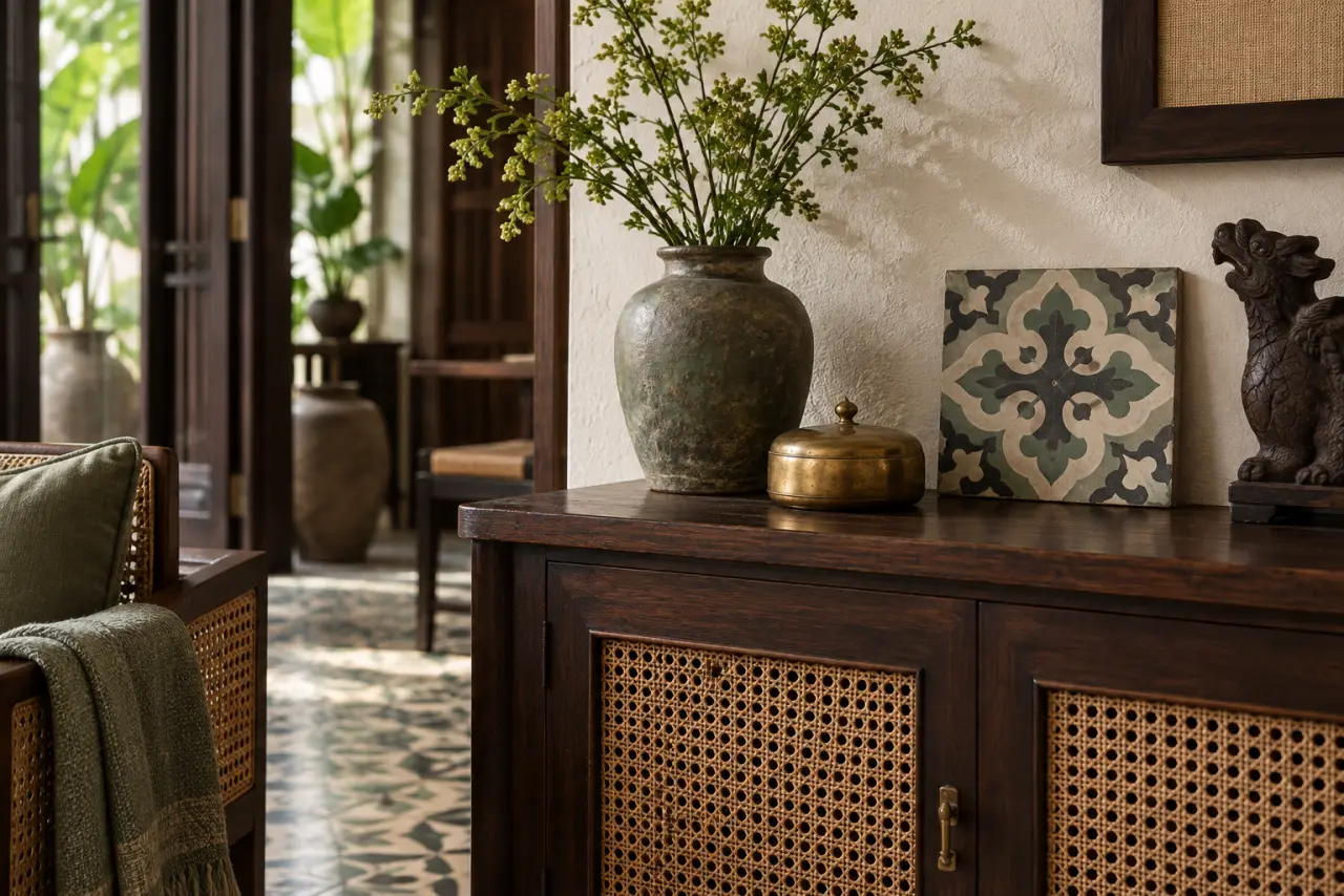 Bảng phối vật liệu gỗ tối, mây đan, vải xanh trầm và kim loại đồng cho nội thất Indochine