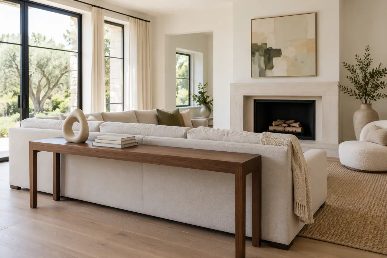 Bàn console phía sau sofa làm điểm nhấn cho phòng khách không dùng bàn trà
