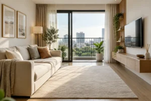 Phòng khách căn hộ nhỏ không có bàn trà, sofa sáng màu và khoảng sàn trống thoáng