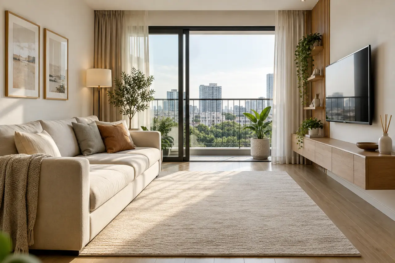 Phòng khách căn hộ nhỏ không có bàn trà, sofa sáng màu và khoảng sàn trống thoáng