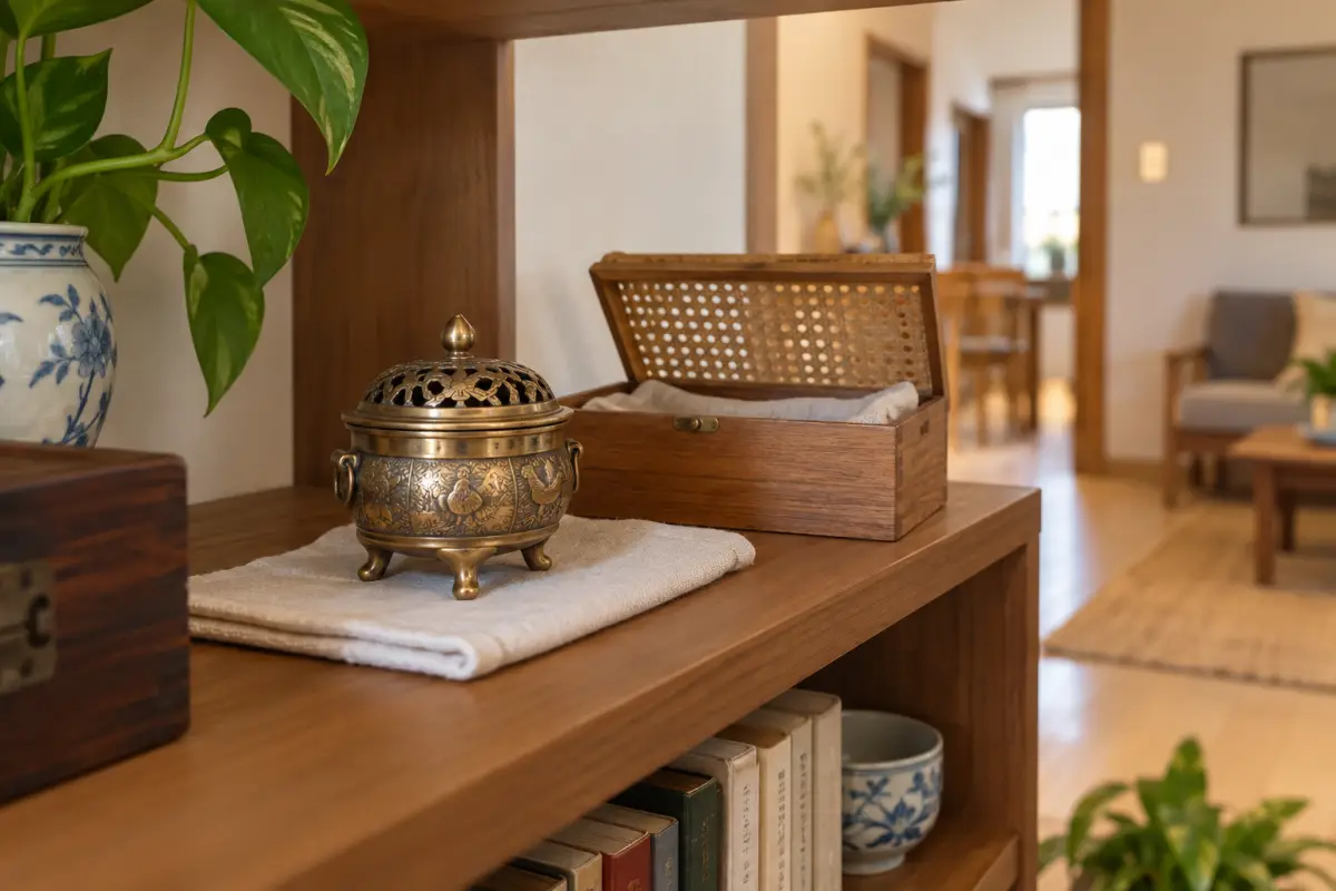 Vật trang trí kim loại đặt trên khăn khô cạnh hộp bảo quản trong phòng thoáng
