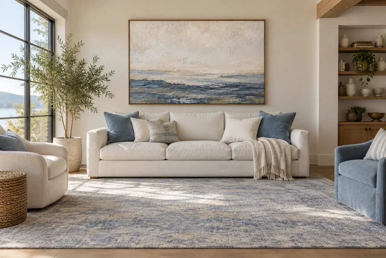 Tranh treo trên sofa tạo điểm nhìn cho phòng khách không có bàn trà